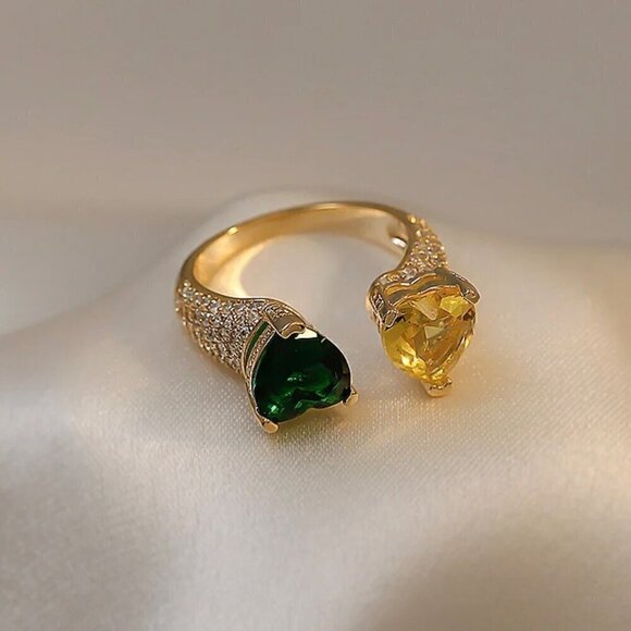 NWT Cocktail Heart Ring 18K Gold Plated Green Yellow CZ Open Adjustable Glam - Picture 3 of 7